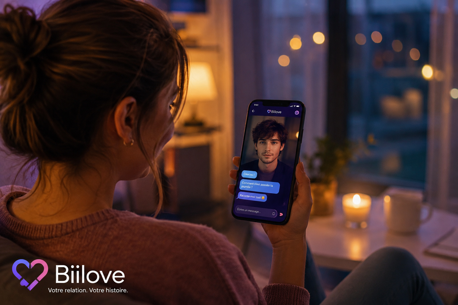 Femme échangeant avec son compagnon virtuel IA sur Biilove